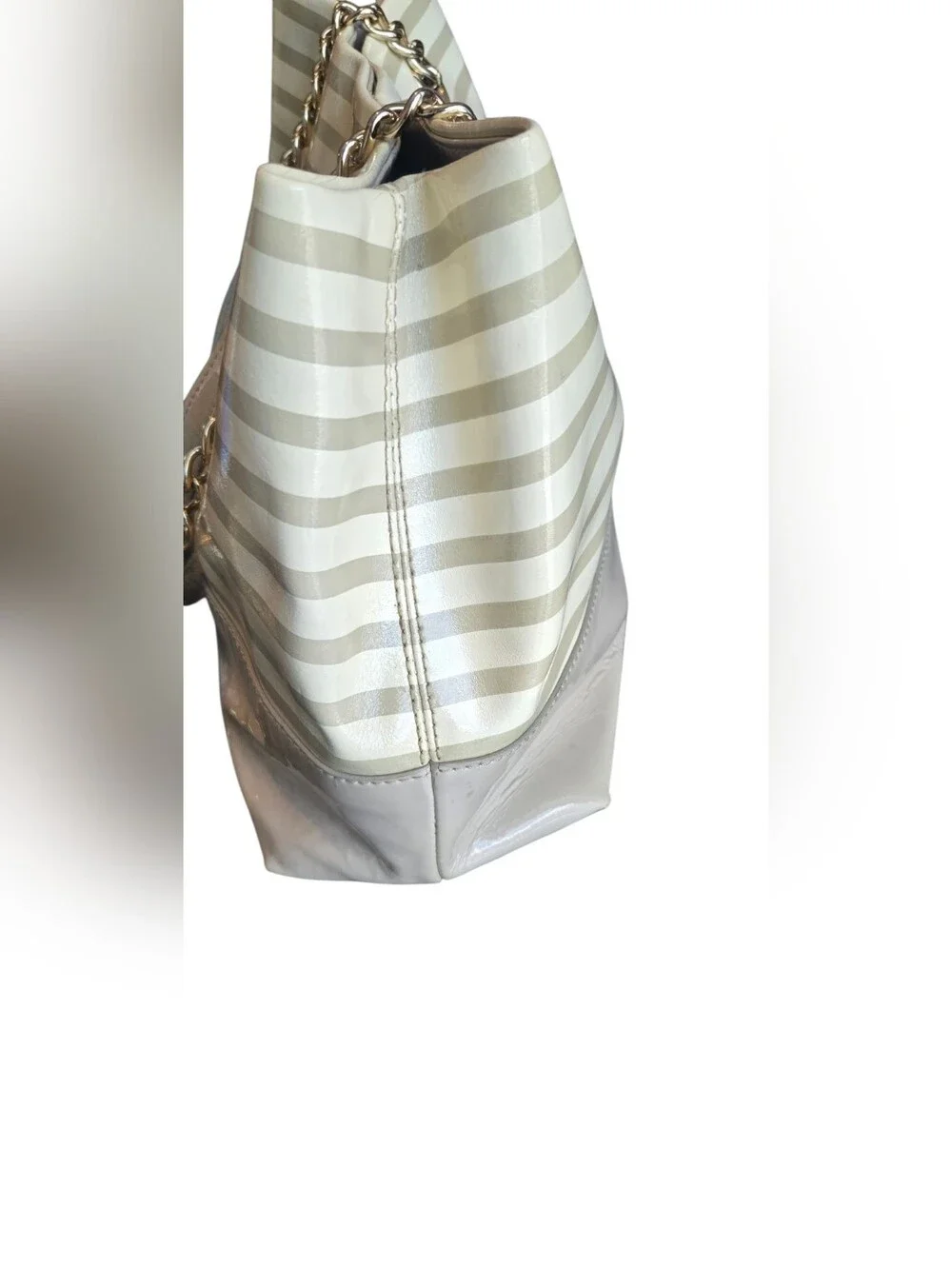 ​Kate Spade Striped Patent Leather Tote Chain Shoulder Bag Cream Beige